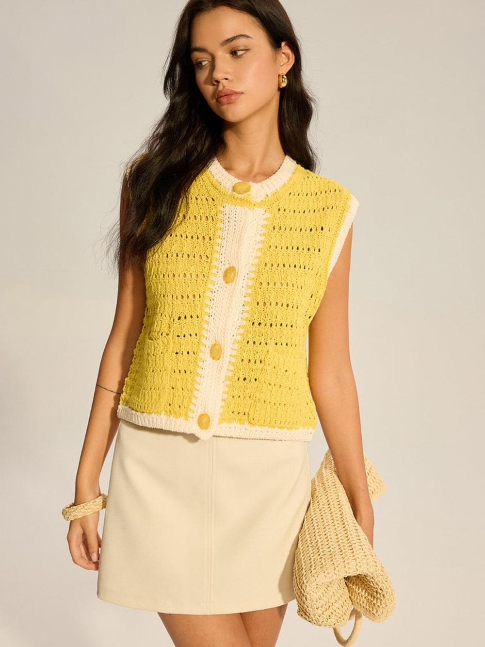 Zara Viral Yellow Knit Vest Crochet Embroiderd Open Knit Crop coastal festival